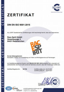 ISO9001 Zertifikat der RaceSpirit